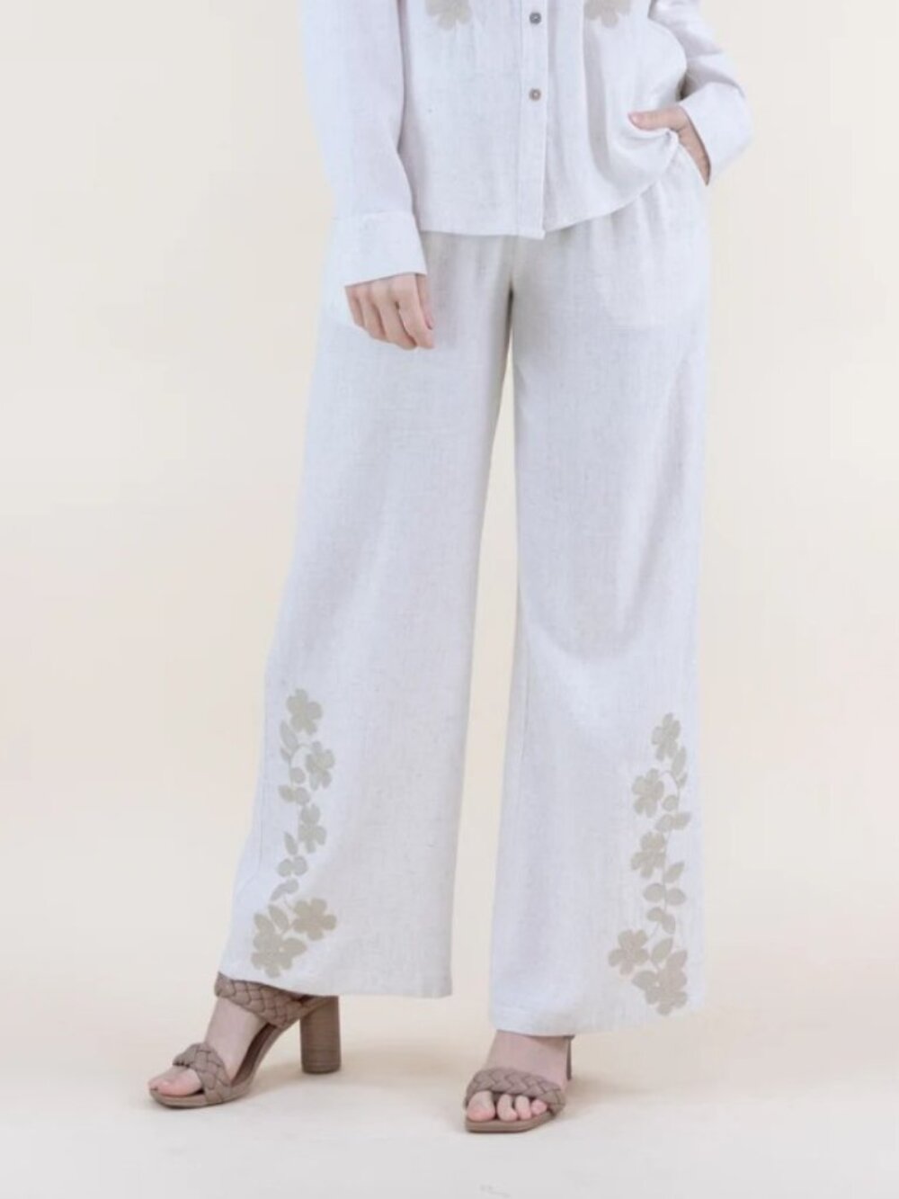 MDM05. Elegant Ivory Linen Floral Embroidered Button-Up Top & Wide-Leg Pants Set - Picture 3 of 4